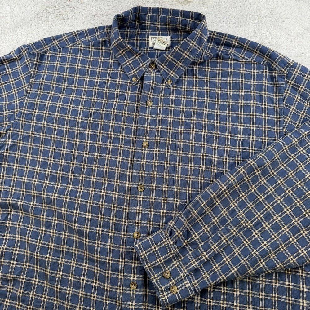 LL Bean Flannel Shirt Mens 2XL Blue Yellow Plaid Long Sleeve Button Down Cotton